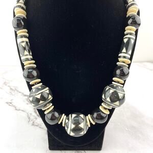 Hand Made Necklace Ceramic Beaded Chunky Statement Boho Black and White Jewelry